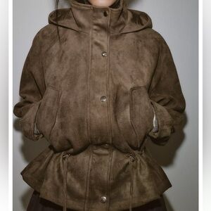 Zara faux suede hoodie jacket light khaki